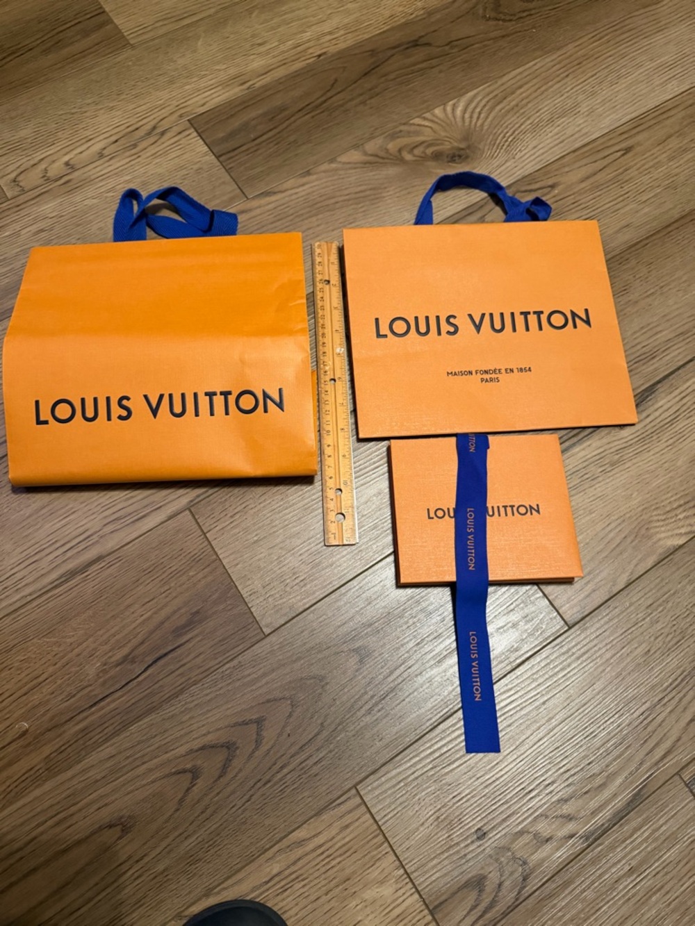 Louis Vuitton Orange Shopping Bag and Boxes with Blue Ribbon